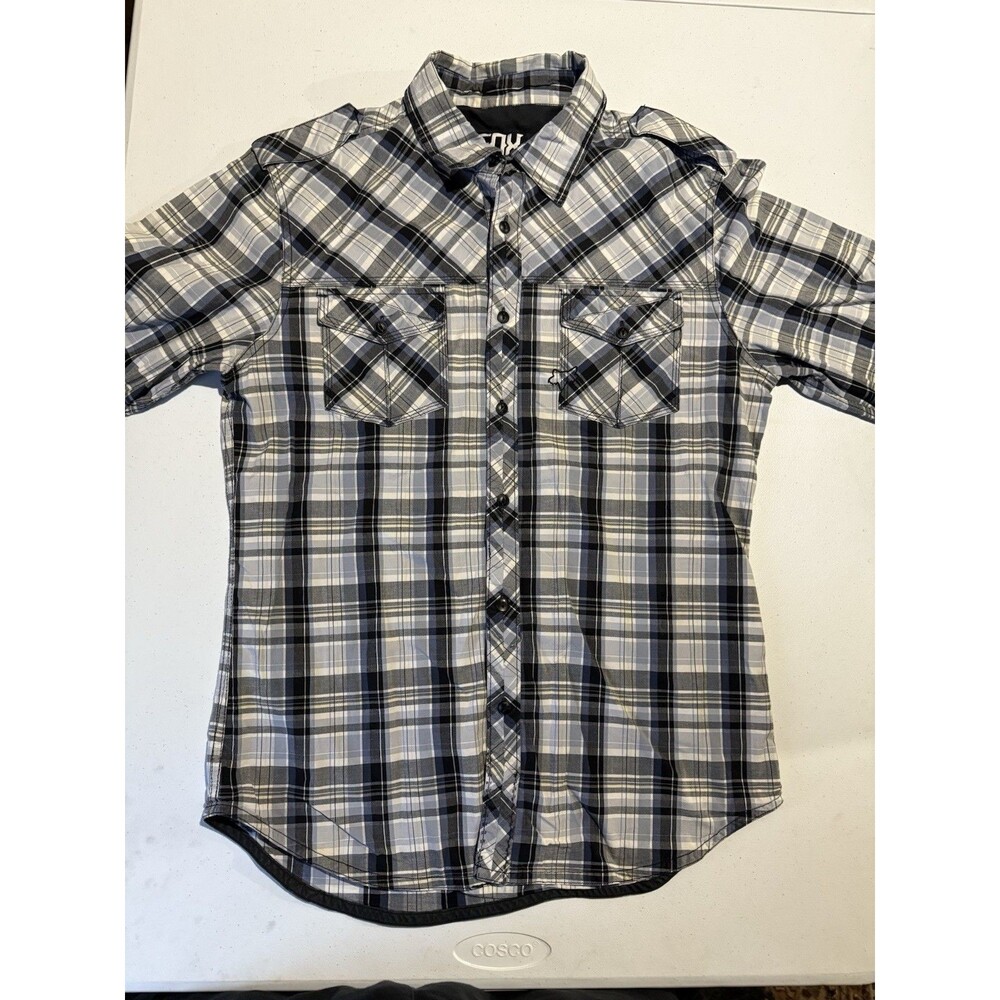 Fox Racing Flannel Men’s Large Button Up Shirt Blue Black Plaid Outdoor Slim Fit